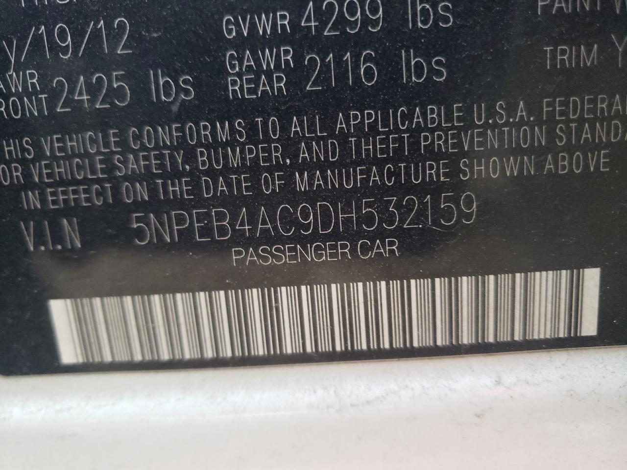 Photo 10 from auction – 2013 HYUNDAI SONATA GLS with VIN 5NPEB4AC9DH532159