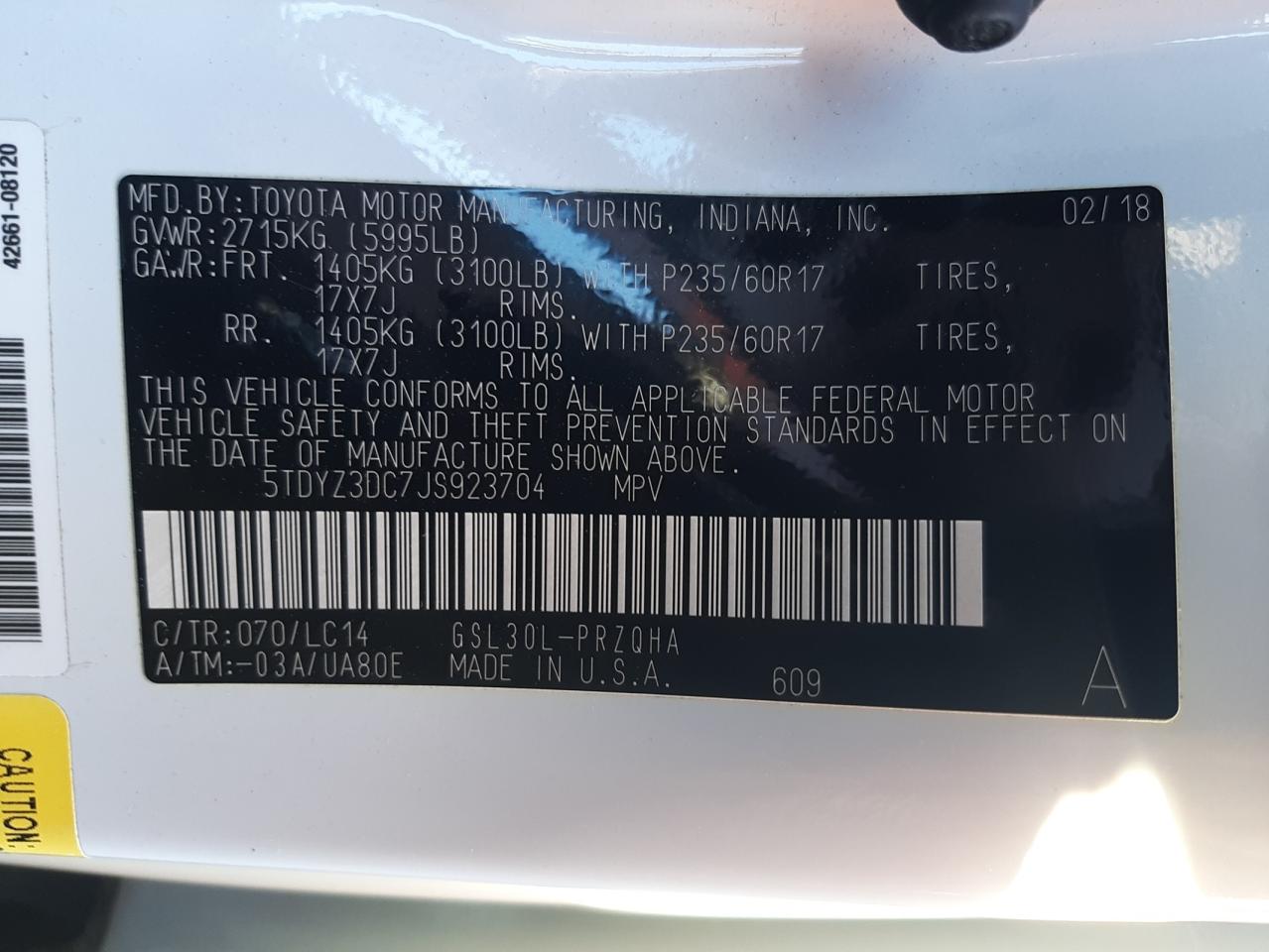 Photo 10 from auction – 2018 TOYOTA SIENNA XLE with VIN 5TDYZ3DC7JS923704