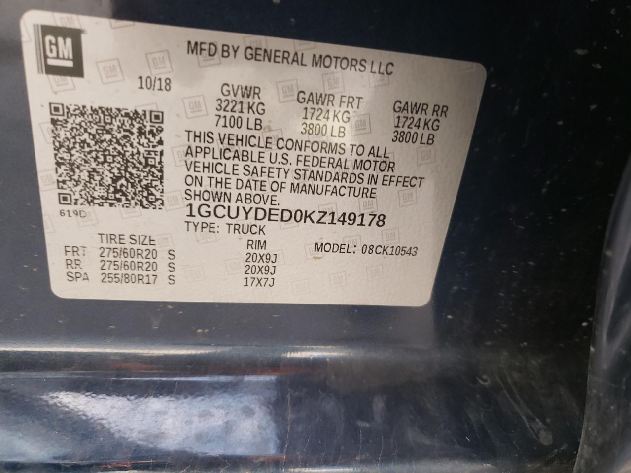 Photo 10 from auction – 2019 CHEVROLET SILVERADO with VIN 1GCUYDED0KZ149178