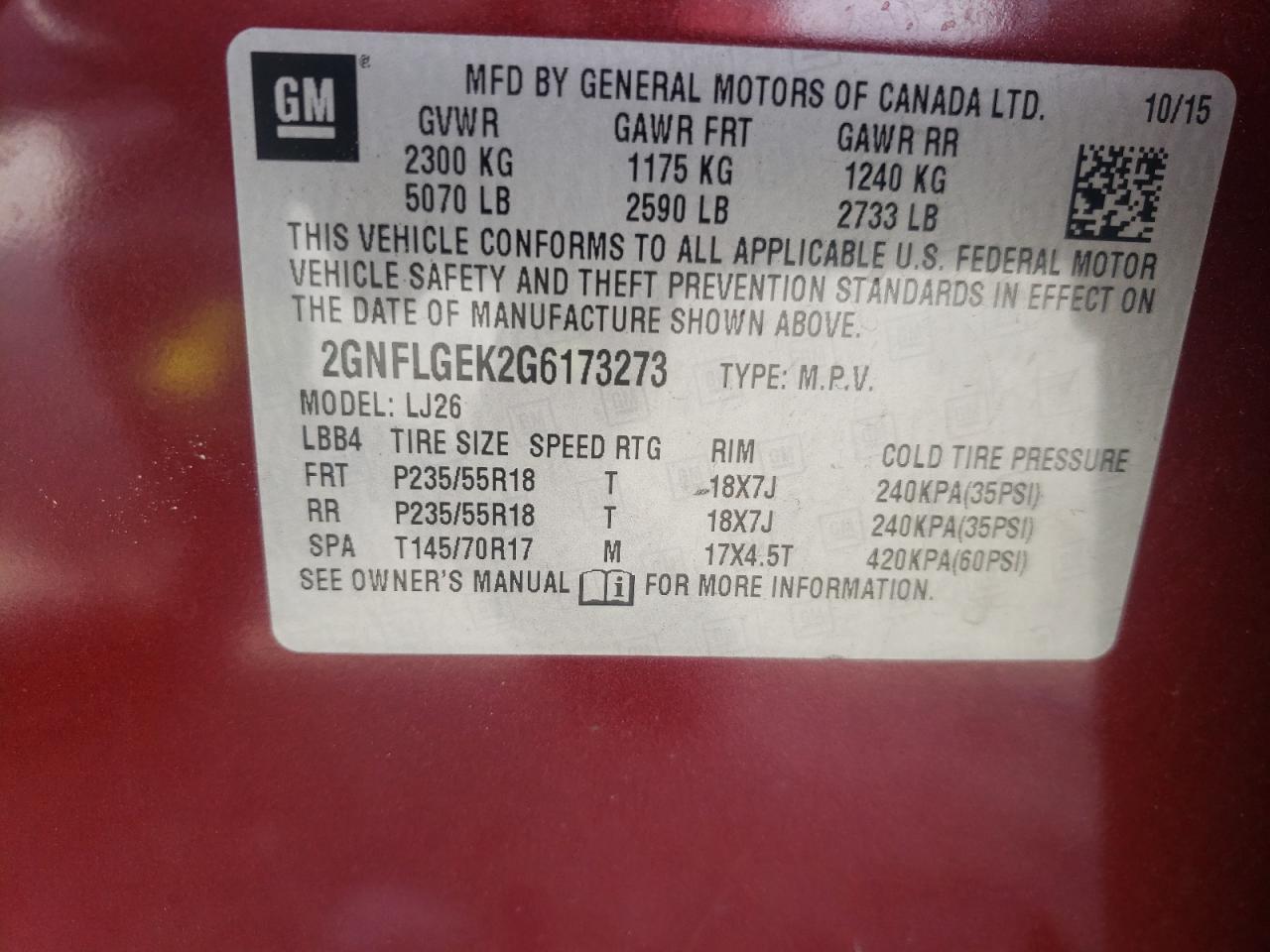 Photo 10 from auction – 2016 CHEVROLET EQUINOX LT with VIN 2GNFLGEK2G6173273