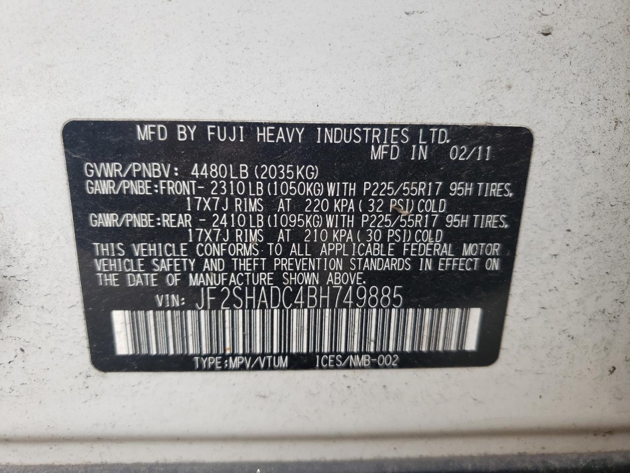 Photo 10 from auction – 2011 SUBARU FORESTER 2 with VIN JF2SHADC4BH749885