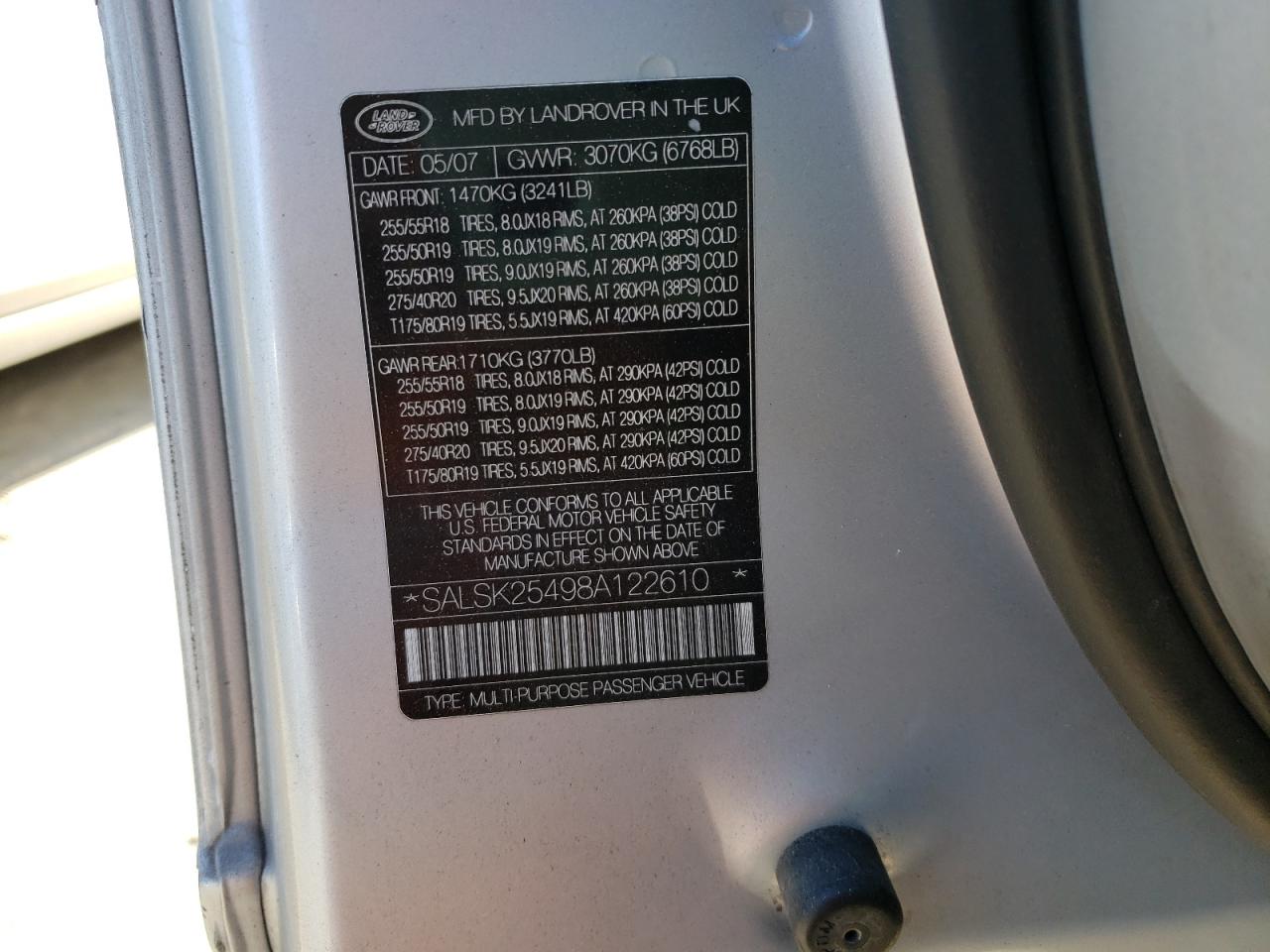 Photo 10 from auction – 2008 LAND ROVER RANGE ROVE with VIN SALSK25498A122610