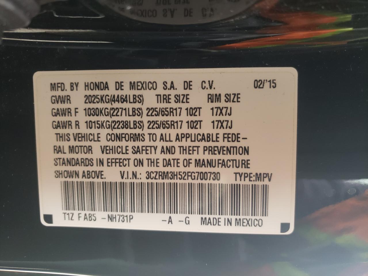 Photo 10 from auction – 2015 HONDA CR-V EX with VIN 3CZRM3H52FG700730