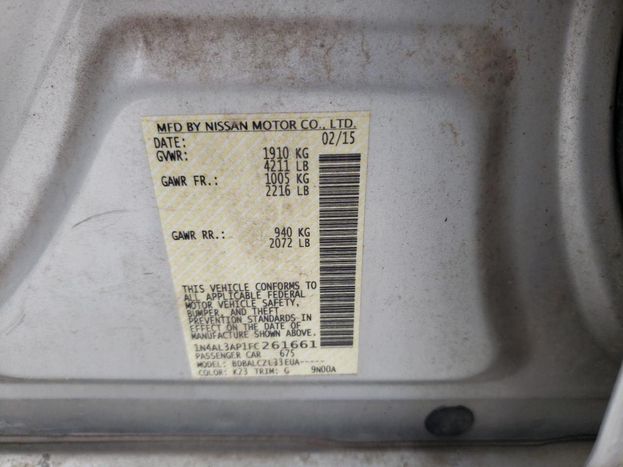 Photo 10 from auction – 2015 NISSAN ALTIMA 2.5 with VIN 1N4AL3AP1FC261661