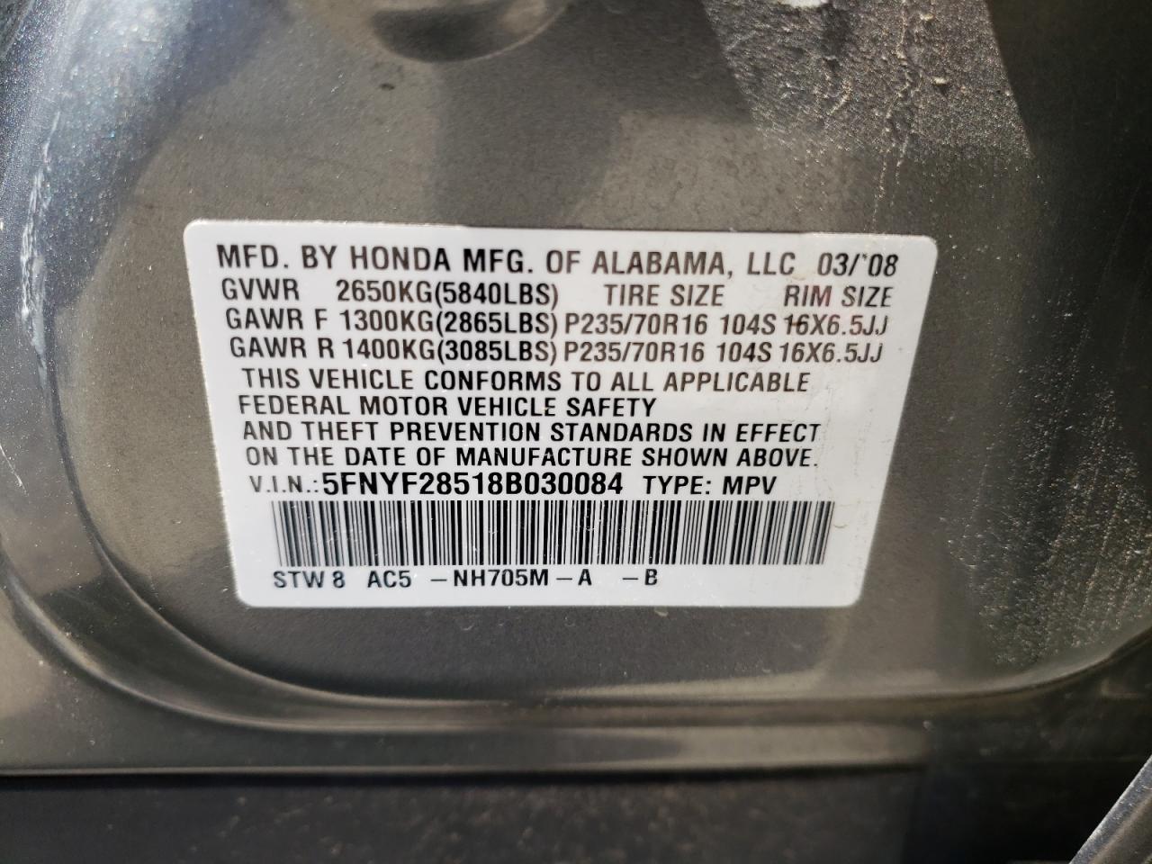 Photo 11 from auction – 2008 HONDA PILOT EXL with VIN 5FNYF28518B030084