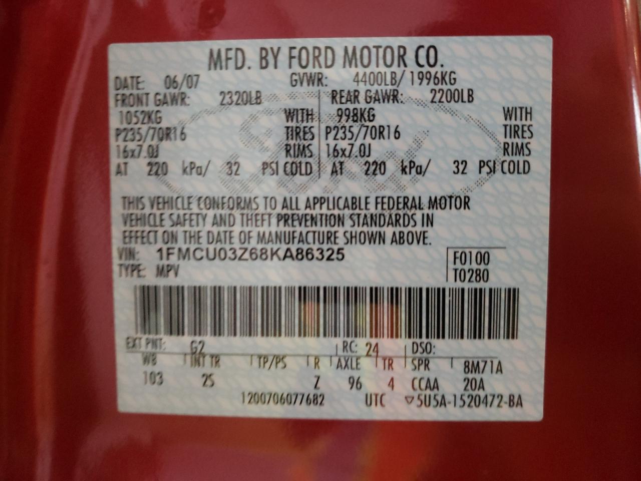 Photo 10 from auction – 2008 FORD ESCAPE XLT with VIN 1FMCU03Z68KA86325