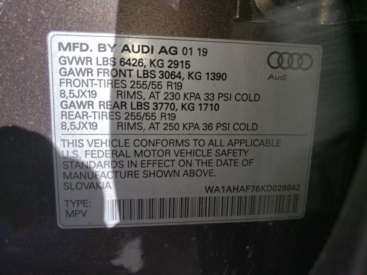 Photo 10 from auction – 2019 AUDI Q7 PREMIUM with VIN WA1AHAF76KD028642