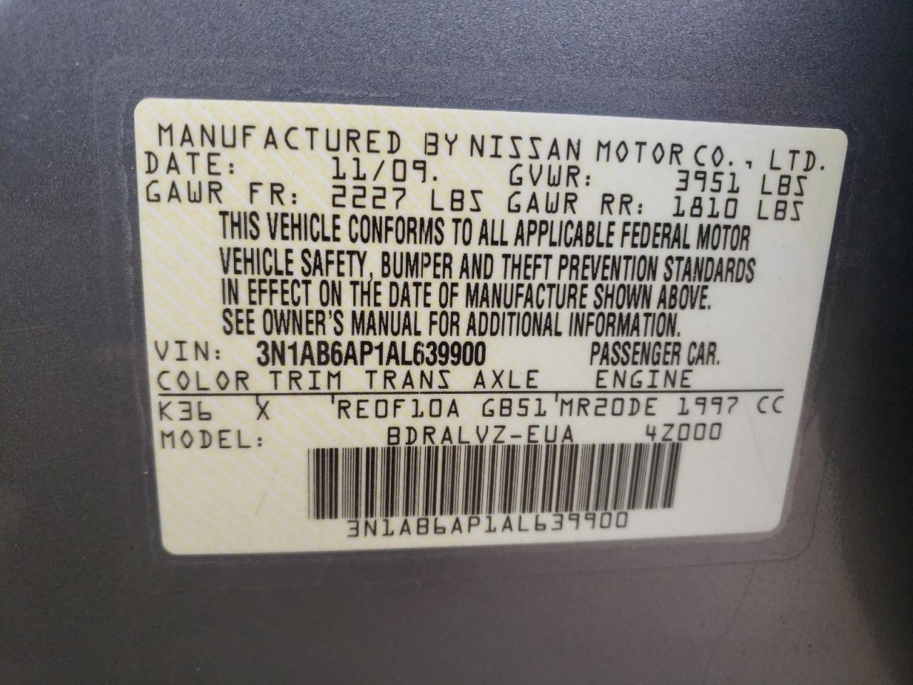 Photo 10 from auction – 2010 NISSAN SENTRA 2.0 with VIN 3N1AB6AP1AL639900