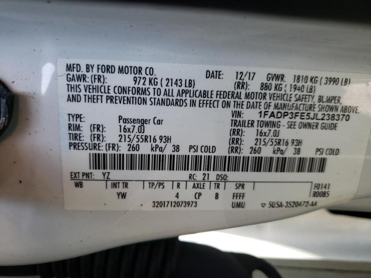 Photo 10 from auction – 2018 FORD FOCUS SE with VIN 1FADP3FE5JL238370