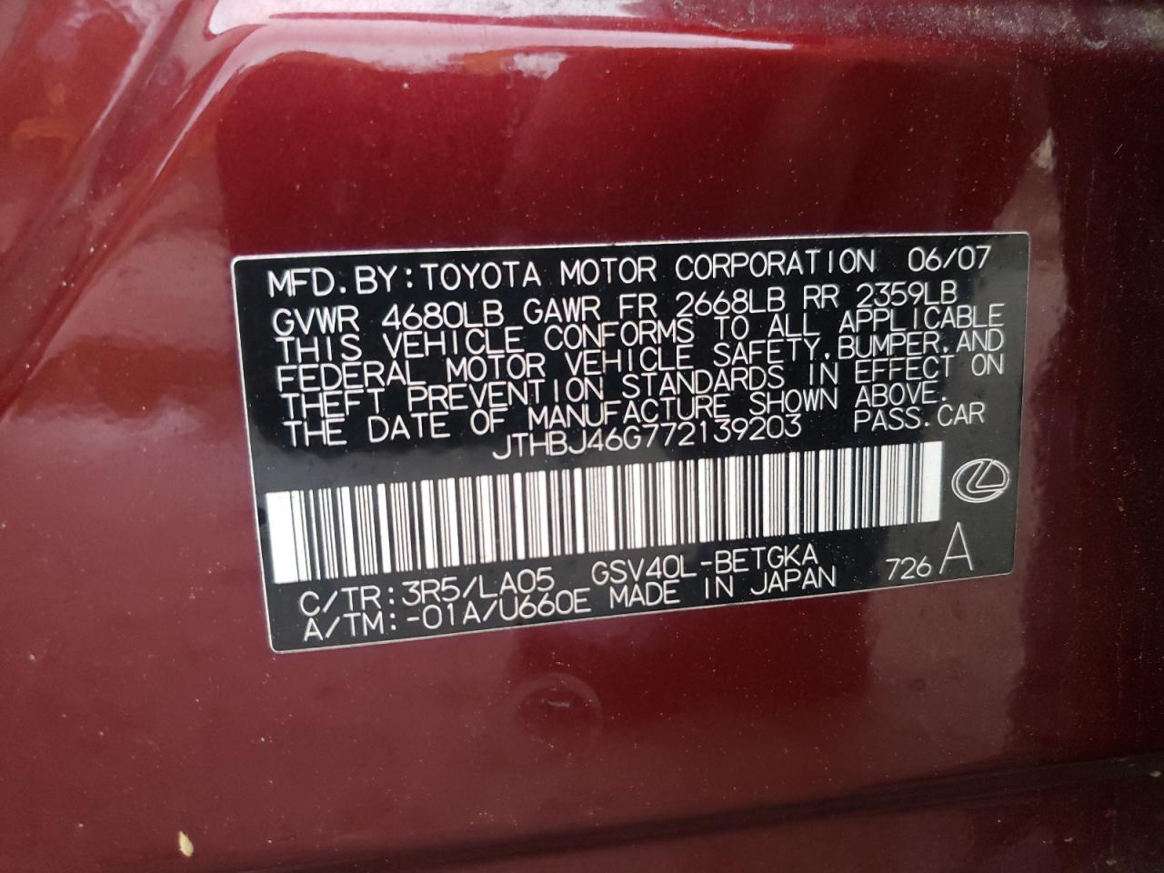 Photo 10 from auction – 2007 LEXUS ES 350 with VIN JTHBJ46G772139203