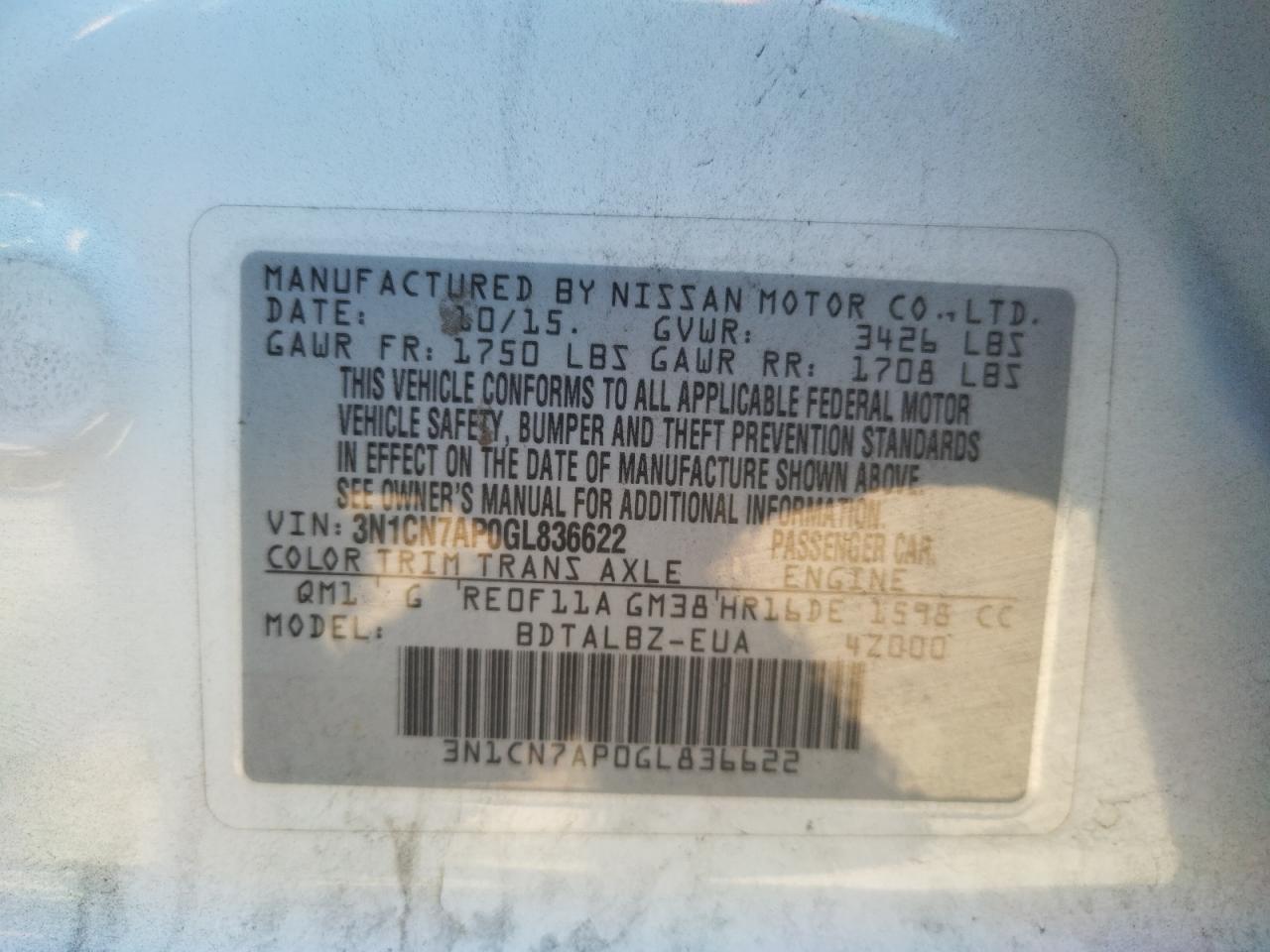 Photo 10 from auction – 2016 NISSAN VERSA S with VIN 3N1CN7AP0GL836622