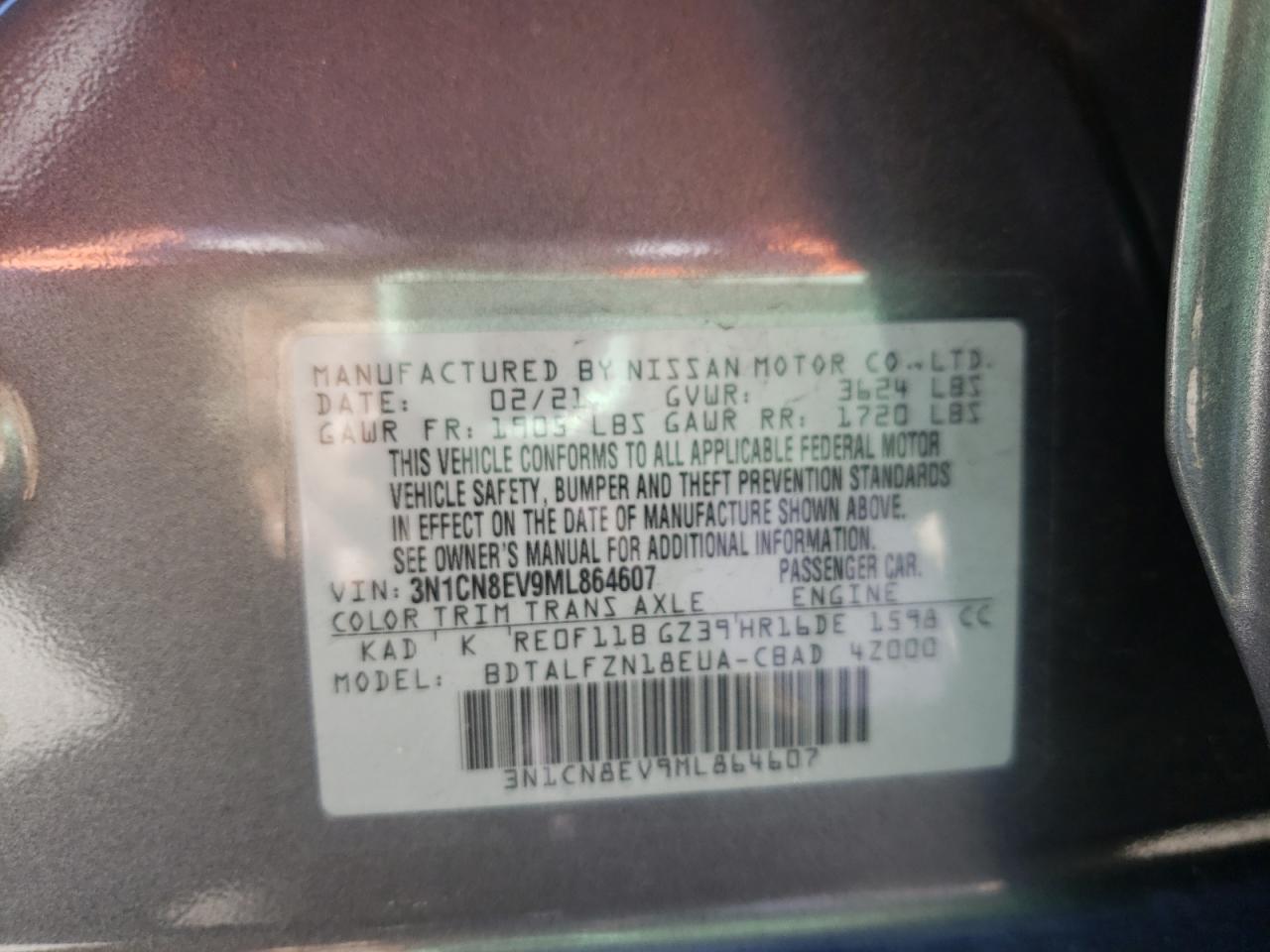 Photo 10 from auction – 2021 NISSAN VERSA SV with VIN 3N1CN8EV9ML864607
