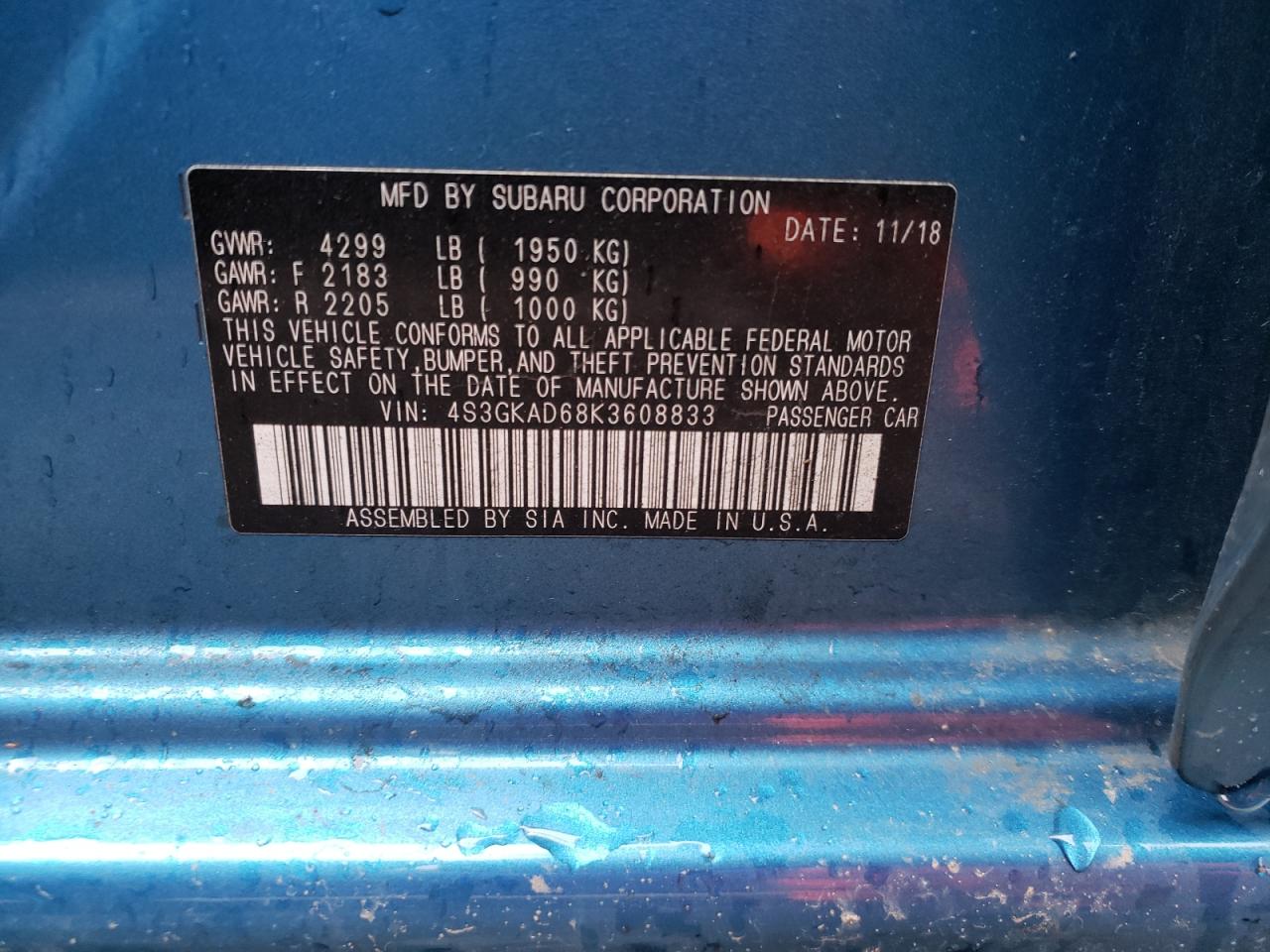 Photo 10 from auction – 2019 SUBARU IMPREZA PR with VIN 4S3GKAD68K3608833