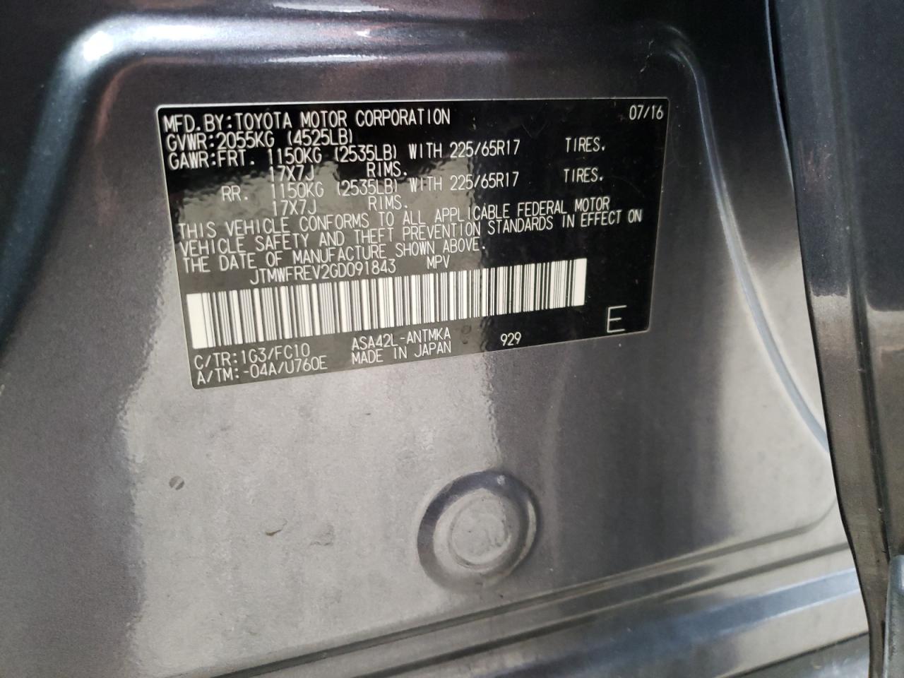 Photo 10 from auction – 2016 TOYOTA RAV4 XLE with VIN JTMWFREV2GD091843