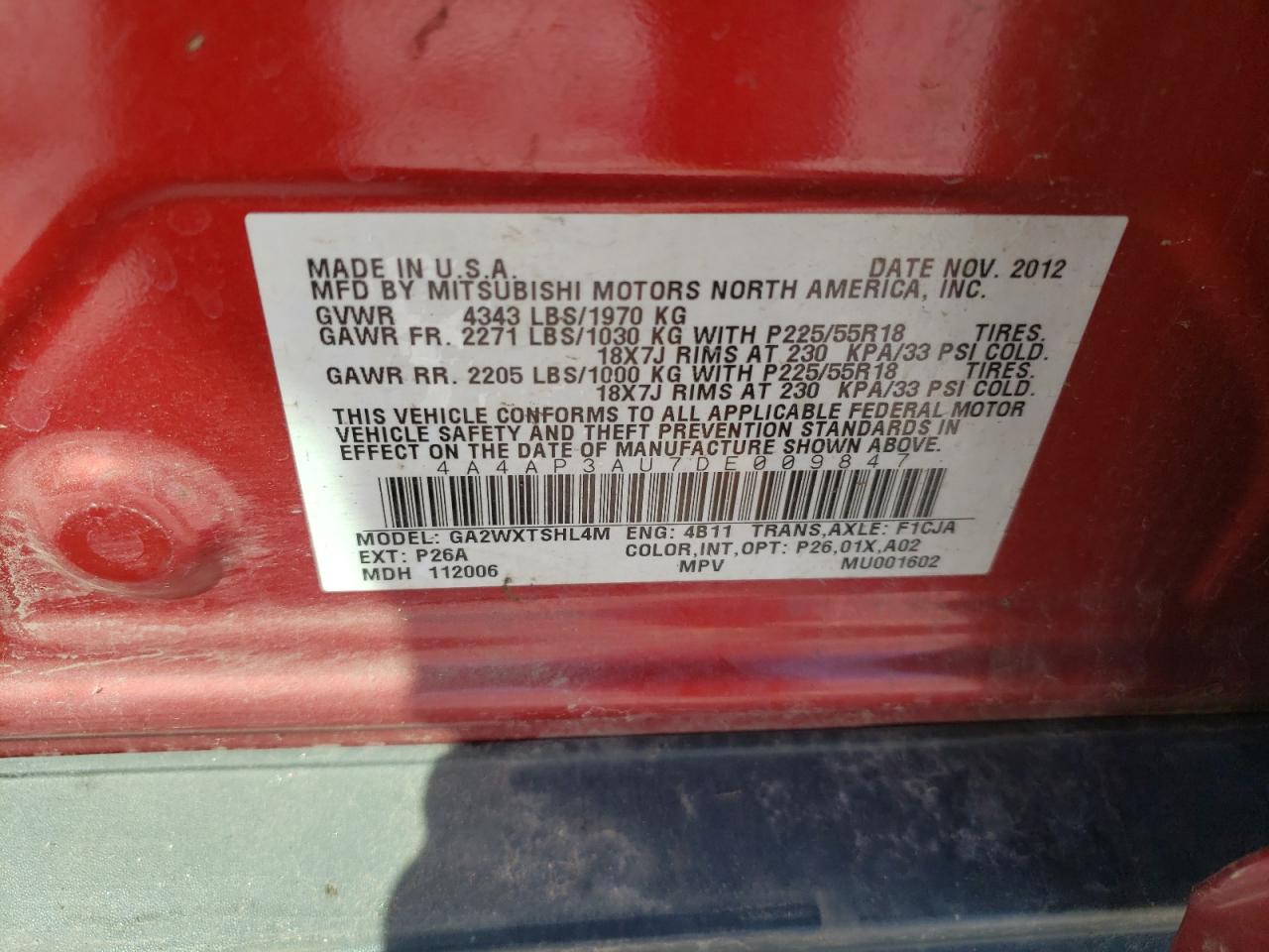 Photo 10 from auction – 2013 MITSUBISHI OUTLANDER with VIN 4A4AP3AU7DE009847