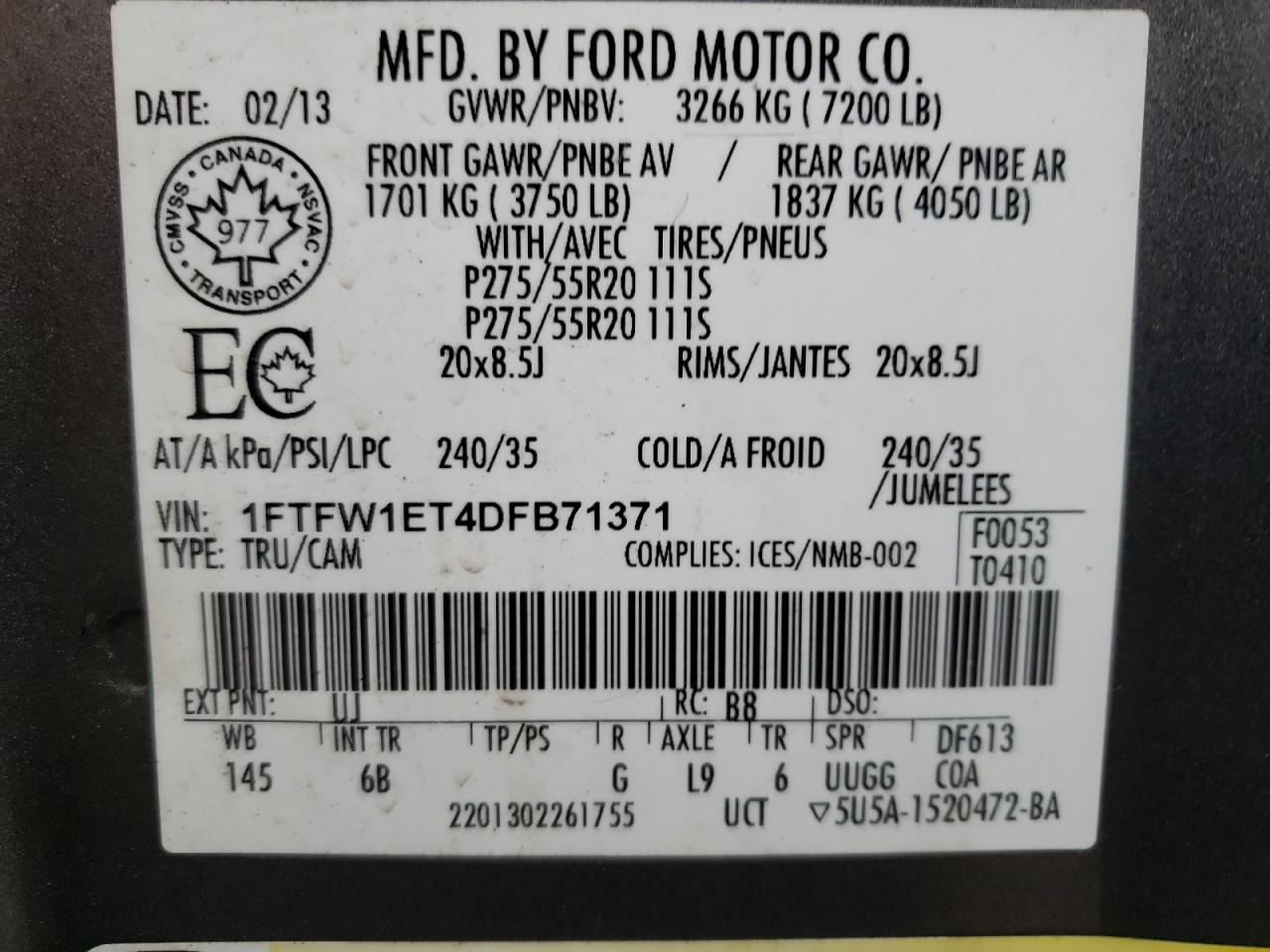 Photo 10 from auction – 2013 FORD F150 SUPER with VIN 1FTFW1ET4DFB71371