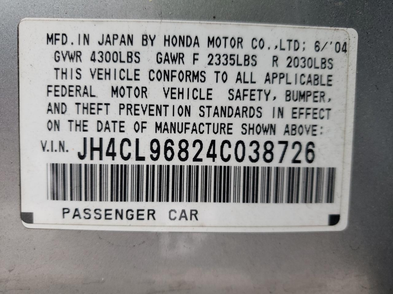 Photo 10 from auction – 2004 ACURA TSX with VIN JH4CL96824C038726