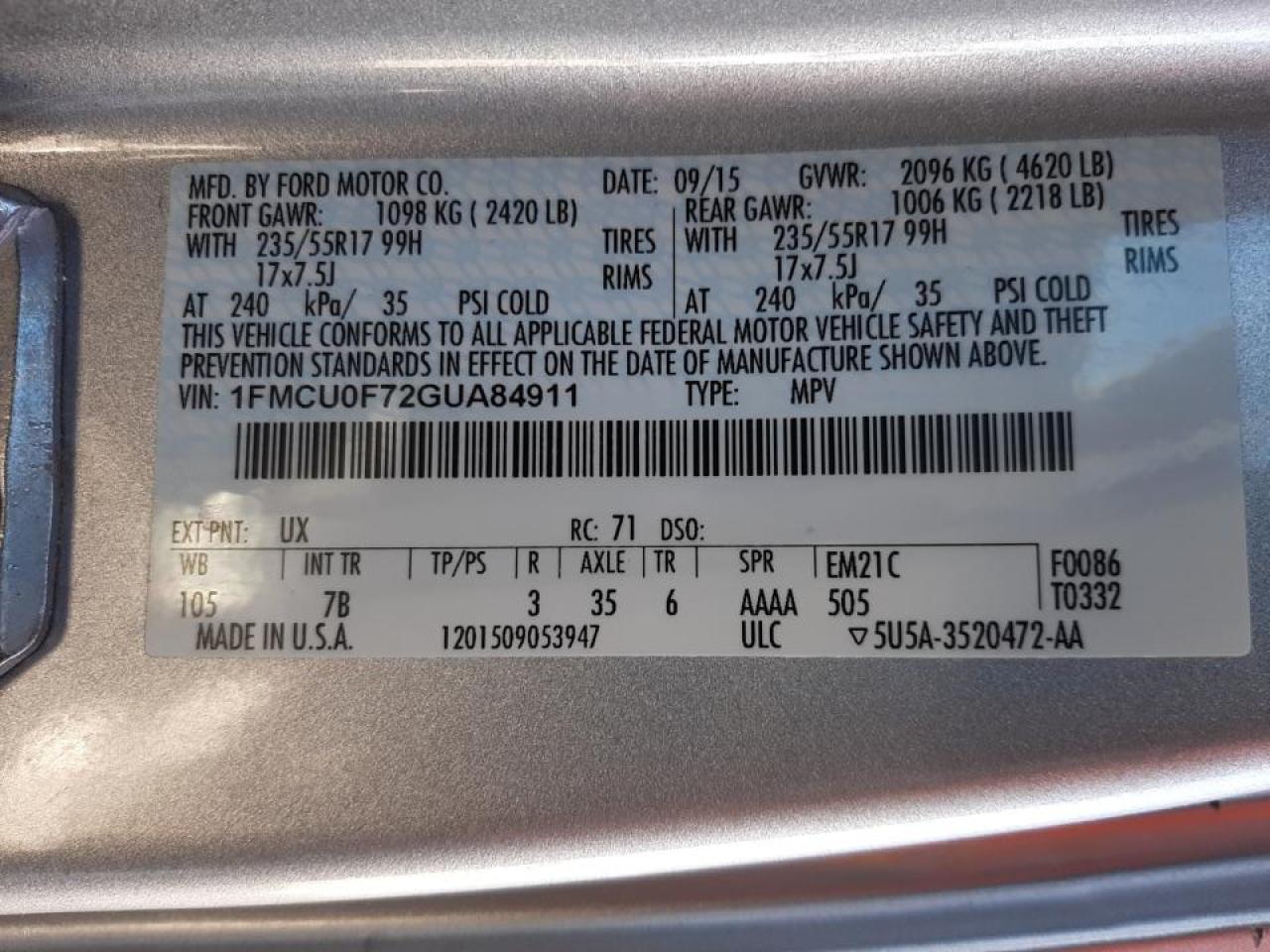 Photo 10 from auction – 2016 FORD ESCAPE S with VIN 1FMCU0F72GUA84911