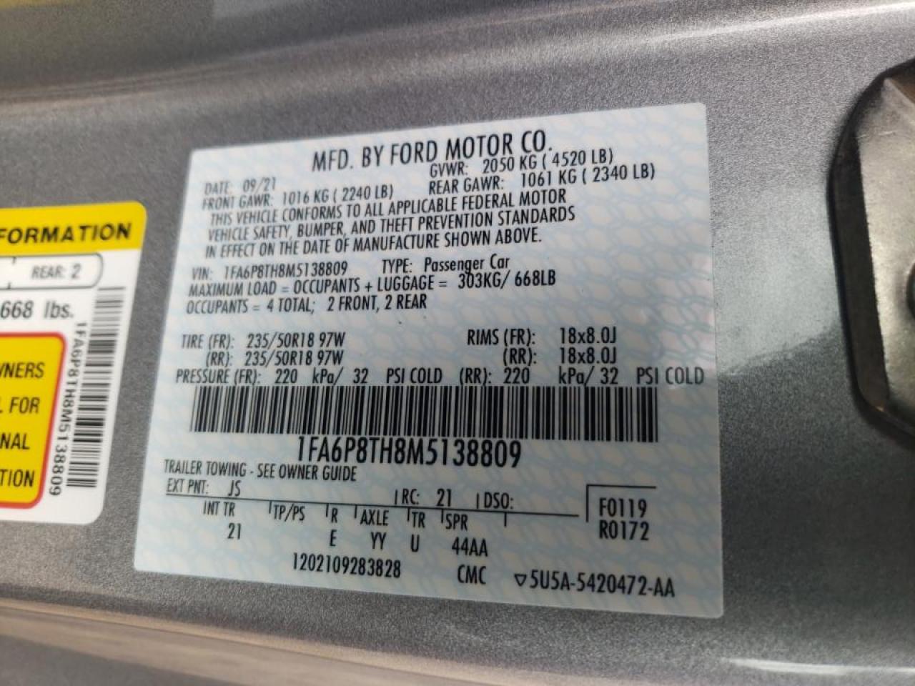 Photo 10 from auction – 2021 FORD MUSTANG with VIN 1FA6P8TH8M5138809