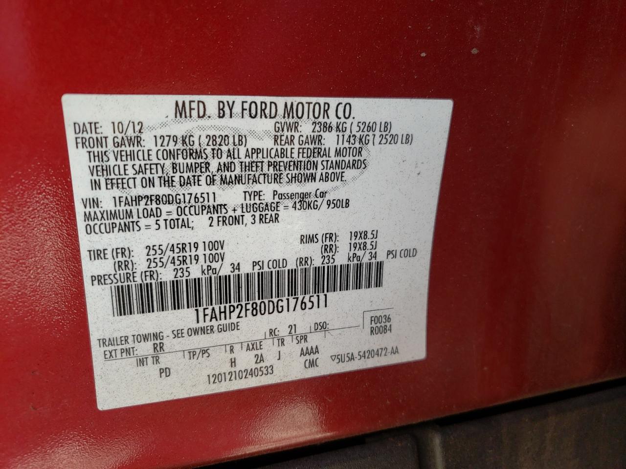 Photo 10 from auction – 2013 FORD TAURUS LIM with VIN 1FAHP2F80DG176511