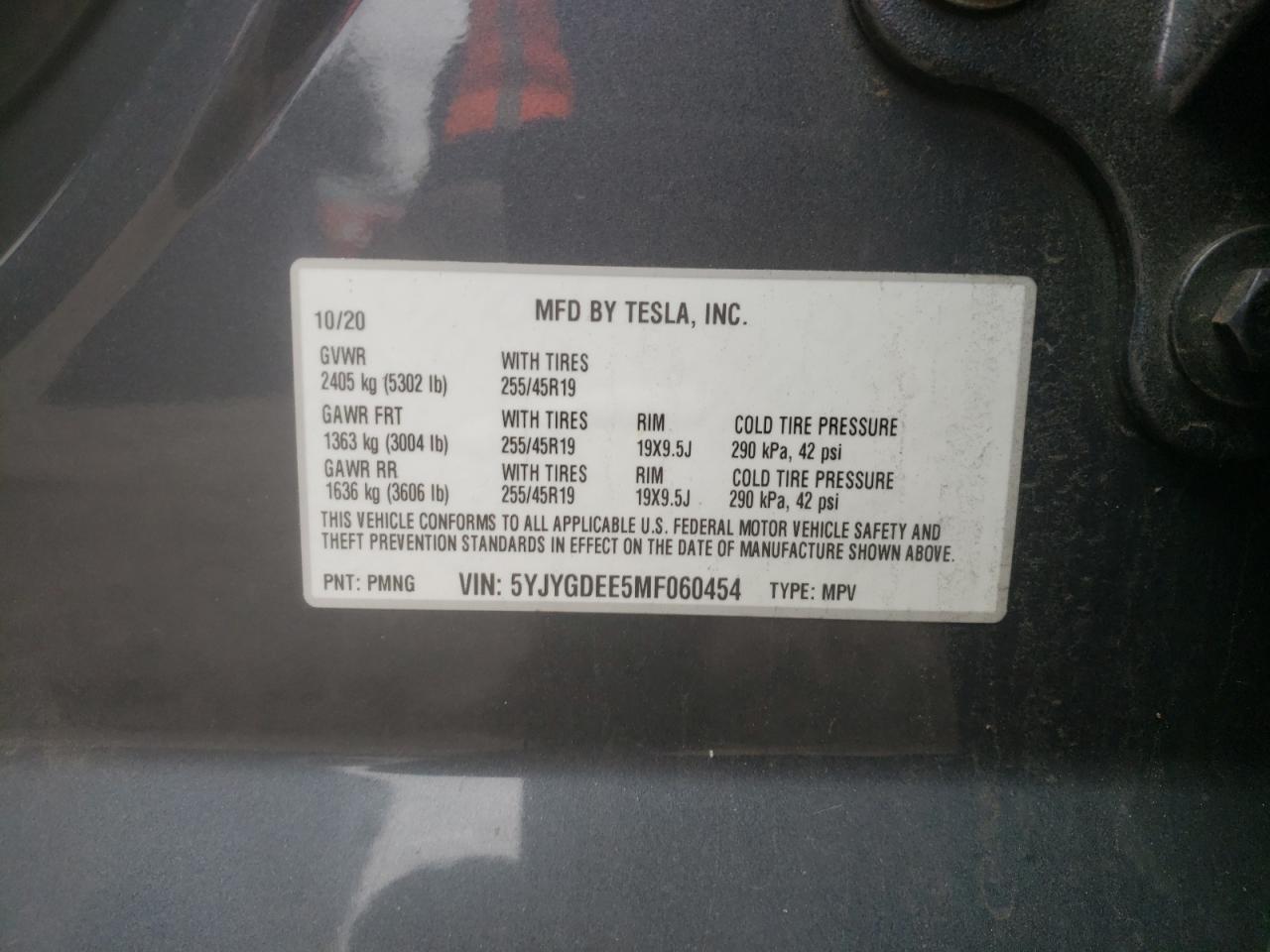 Photo 10 from auction – 2021 TESLA MODEL Y with VIN 5YJYGDEE5MF060454