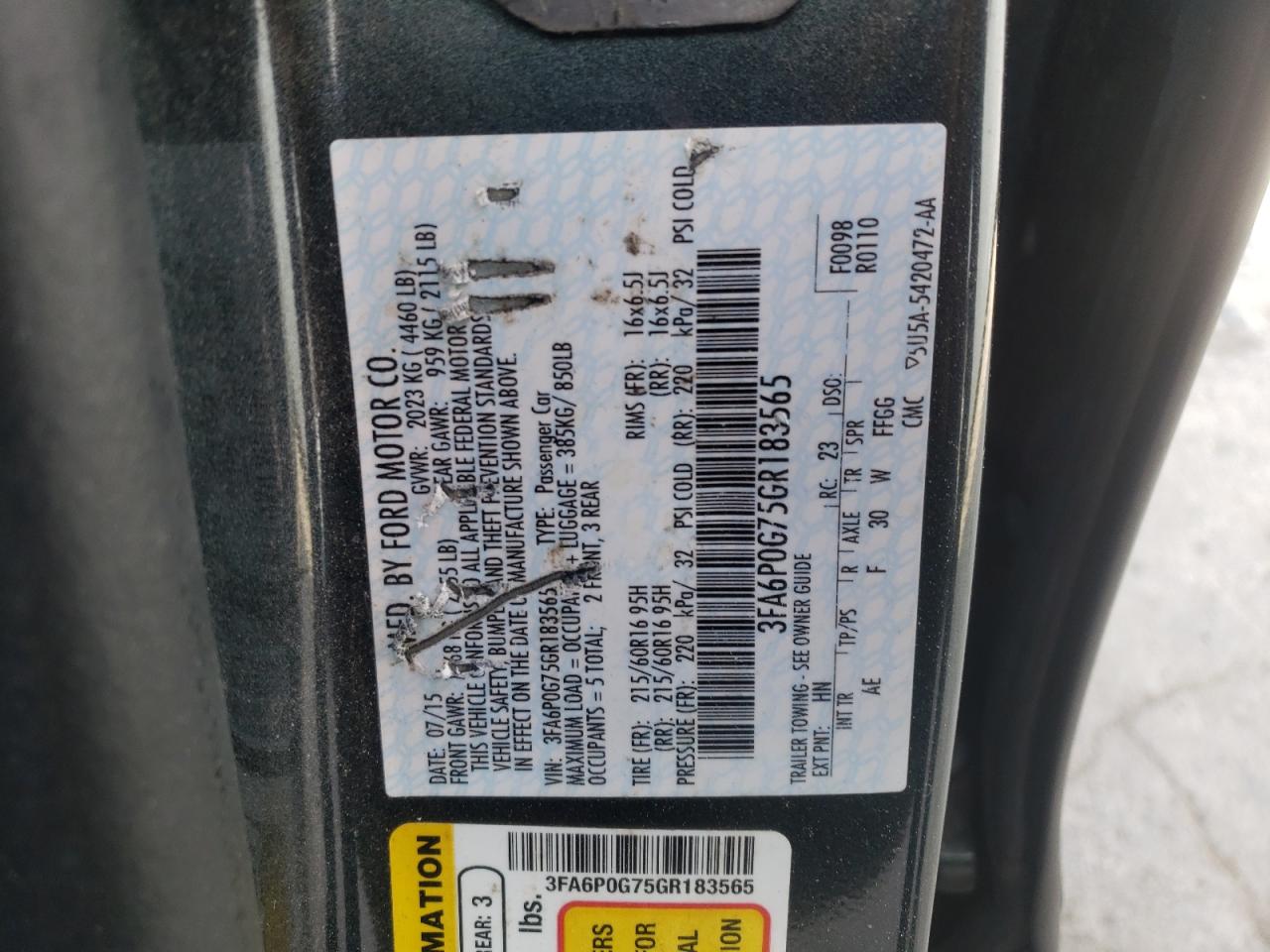 Photo 10 from auction – 2016 FORD FUSION S with VIN 3FA6P0G75GR183565