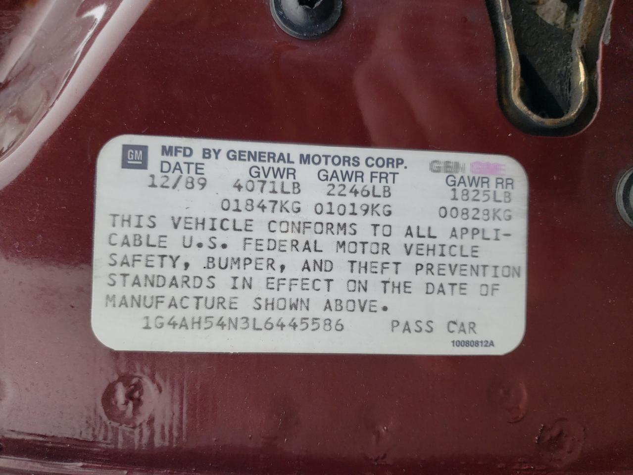 Photo 10 from auction – 1990 BUICK CENTURY with VIN 1G4AH54N3L6445586