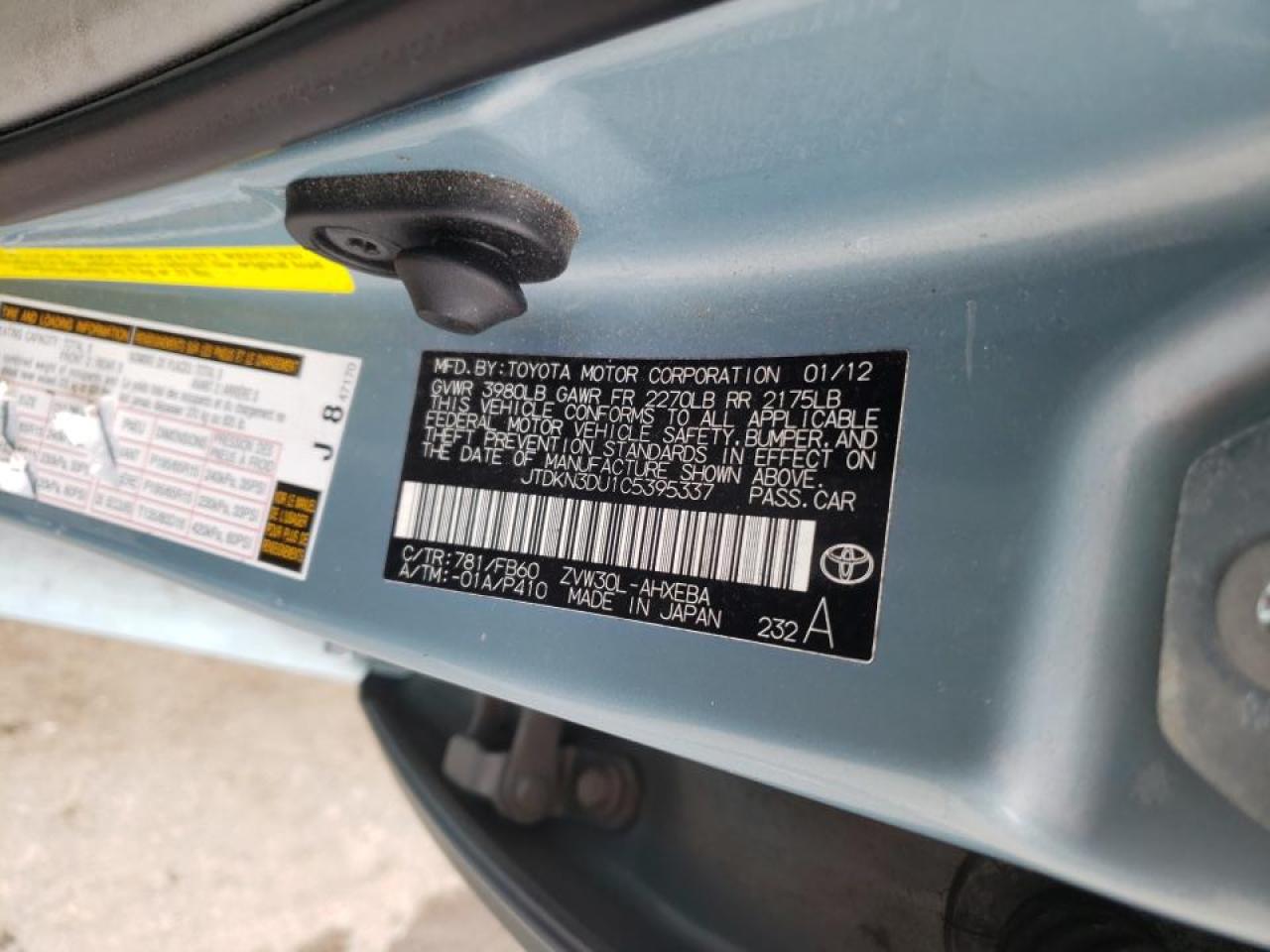 Zdjęcie 10 z aukcji – 2012 TOYOTA PRIUS z VIN JTDKN3DU1C5395337