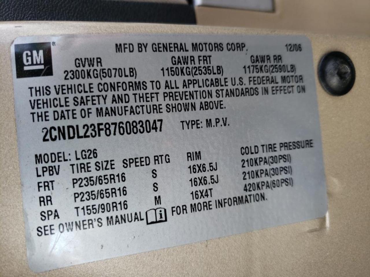 Photo 10 from auction – 2007 CHEVROLET EQUINOX LS with VIN 2CNDL23F876083047