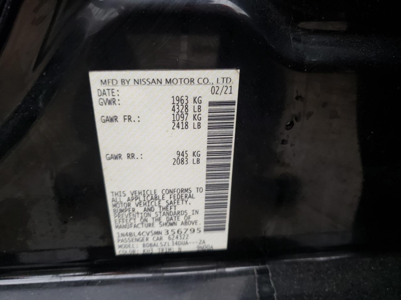 Photo 10 from auction – 2021 NISSAN ALTIMA SR with VIN 1N4BL4CV5MN356795