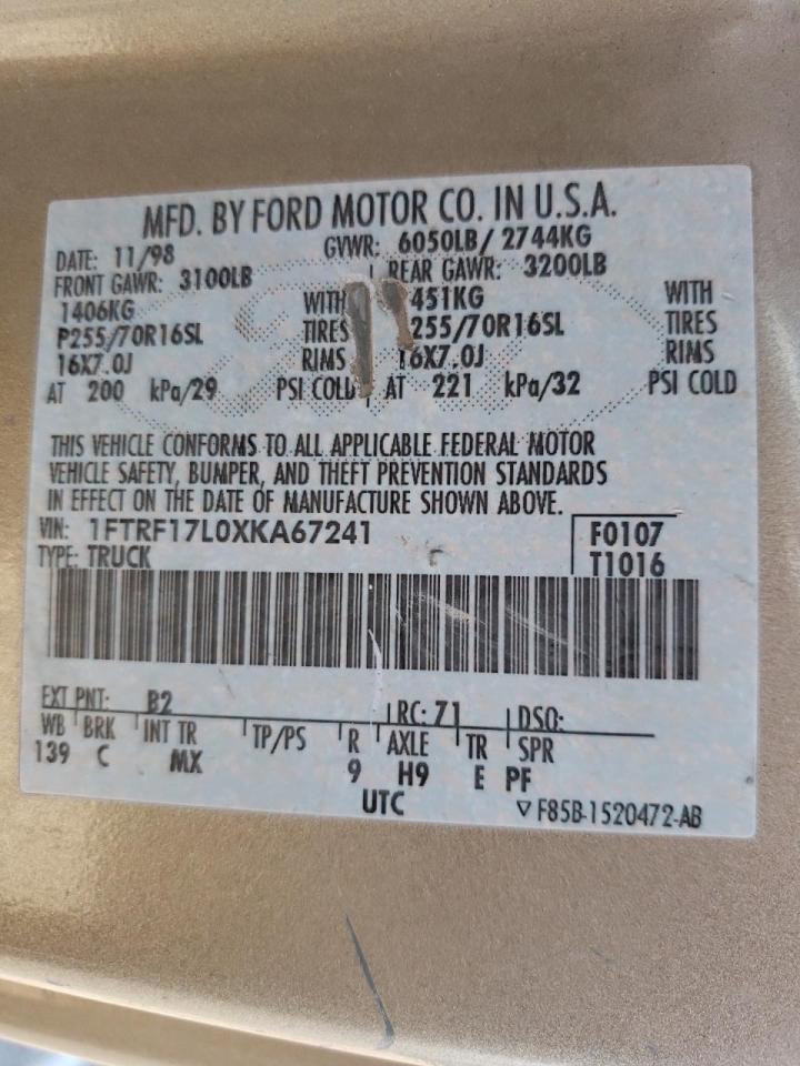 Photo 10 from auction – 1999 FORD F150 with VIN 1FTRF17L0XKA67241