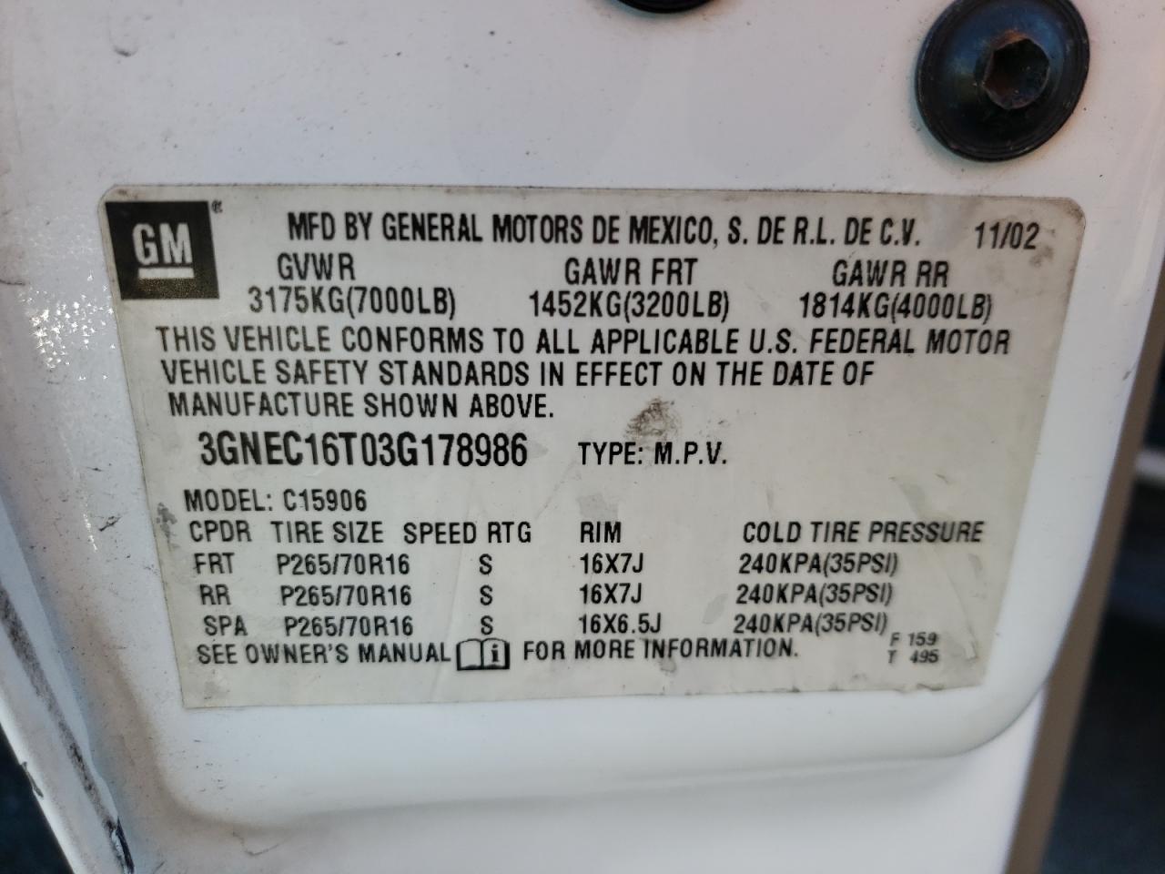 Photo 10 from auction – 2003 CHEVROLET SUBURBAN C with VIN 3GNEC16T03G178986