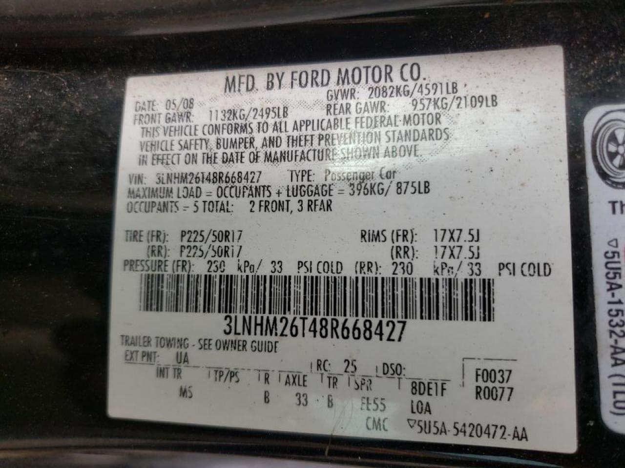 Photo 10 from auction – 2008 LINCOLN MKZ with VIN 3LNHM26T48R668427