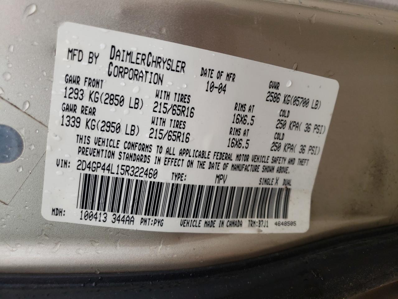 Photo 10 from auction – 2005 DODGE GRAND CARA with VIN 2D4GP44L15R322460