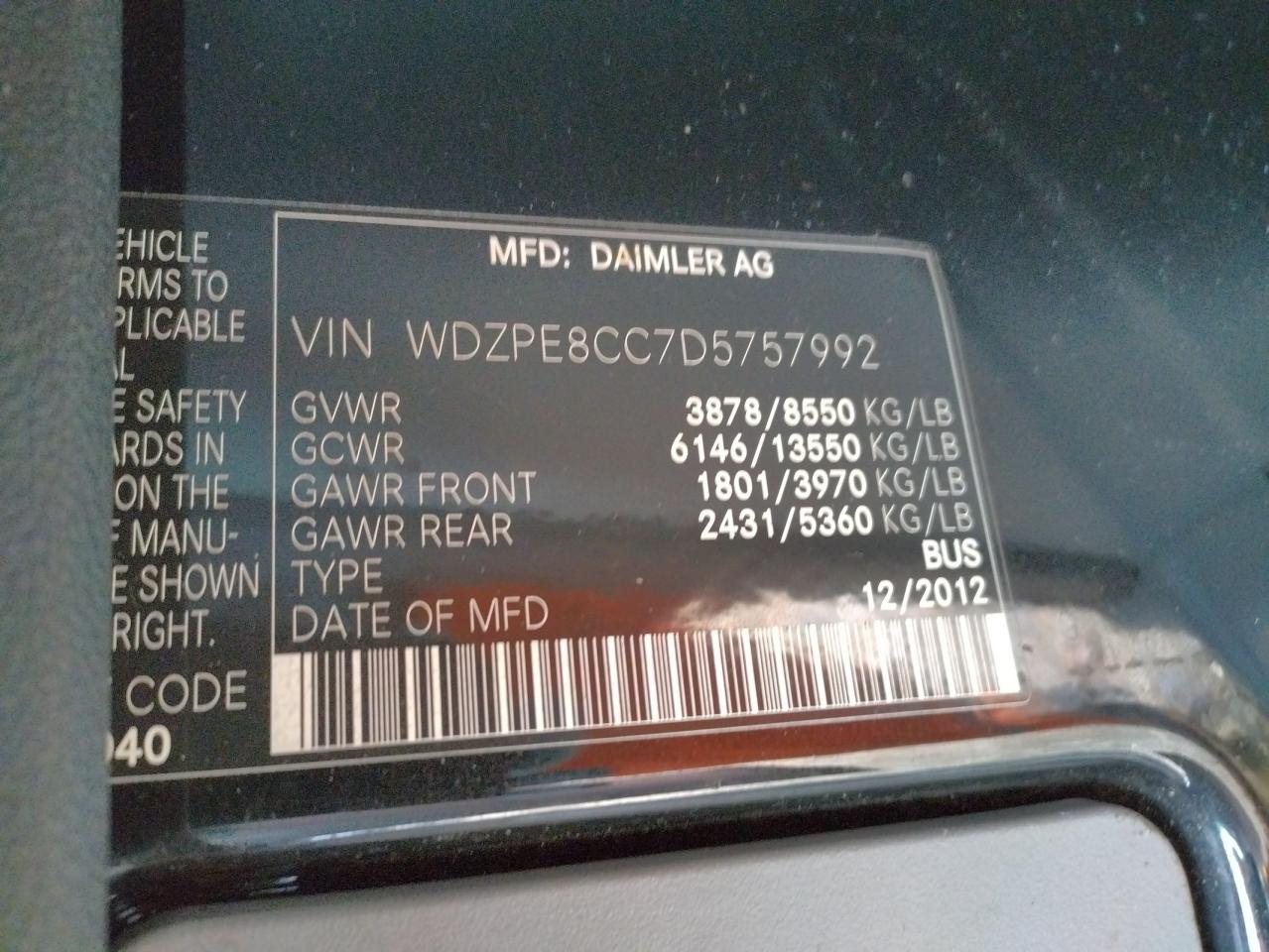 Photo 10 from auction – 2013 MERCEDES-BENZ SPRINTER 2 with VIN WDZPE8CC7D5757992