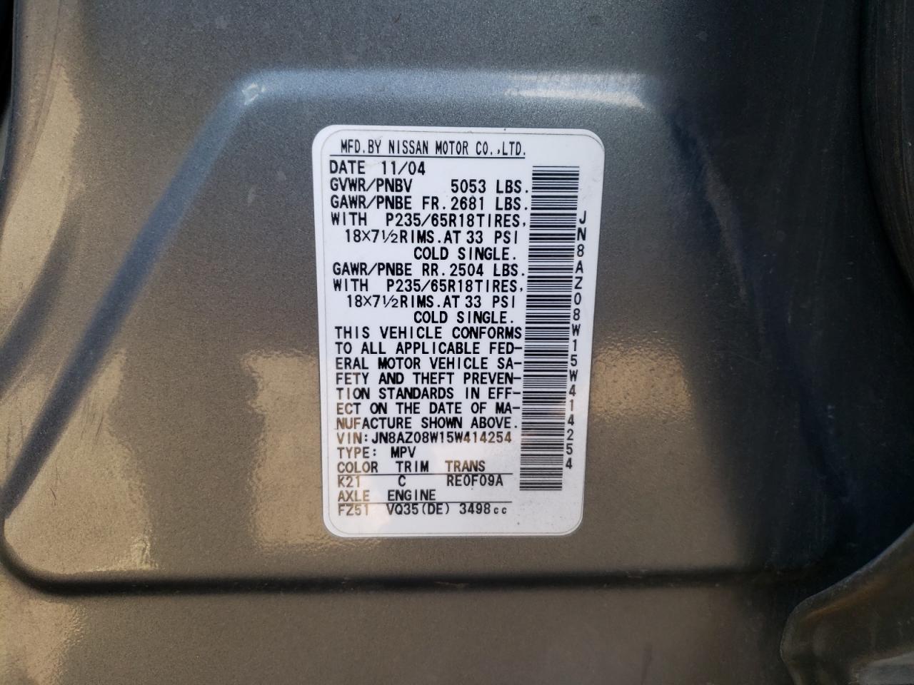 Photo 10 from auction – 2005 NISSAN MURANO SL with VIN JN8AZ08W15W414254