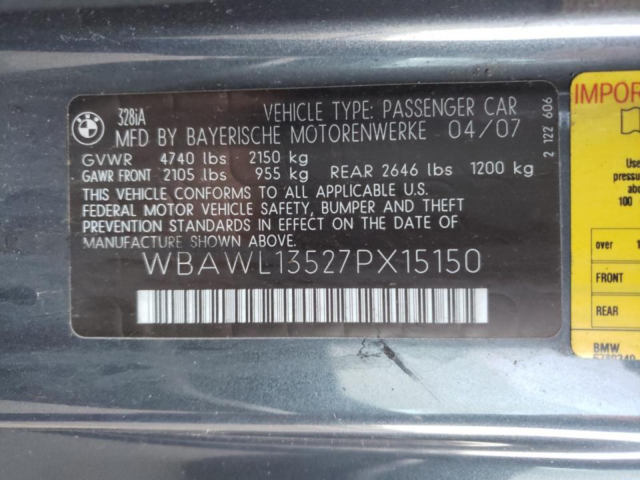 Photo 10 from auction – 2007 BMW 328 I with VIN WBAWL13527PX15150