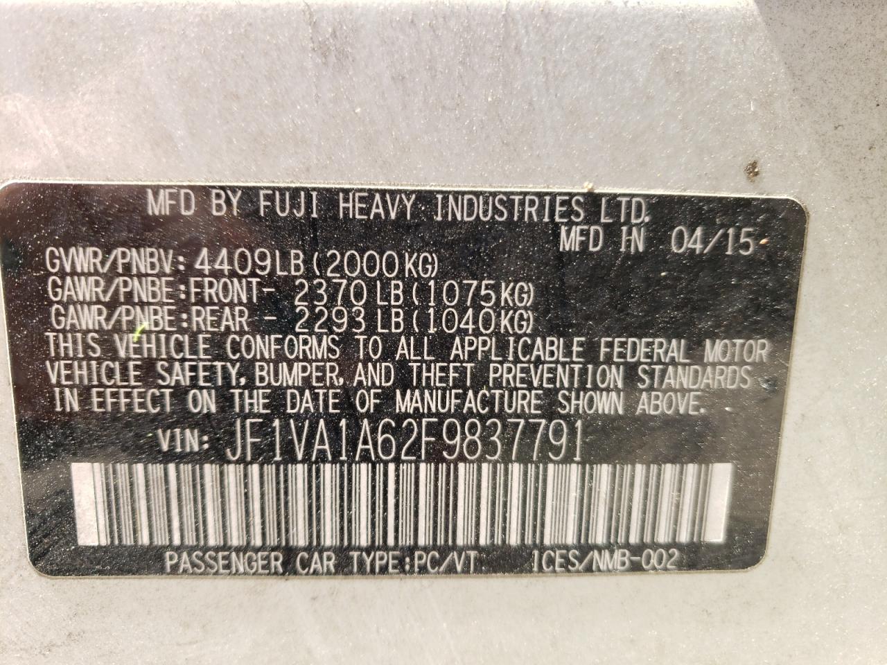 Photo 10 from auction – 2015 SUBARU WRX with VIN JF1VA1A62F9837791