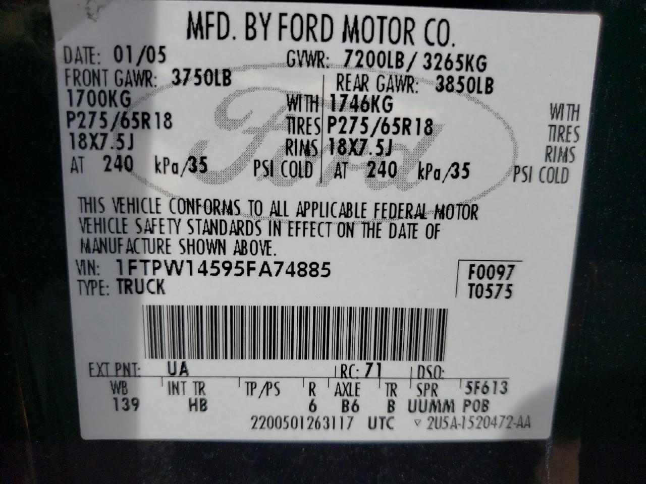 Photo 10 from auction – 2005 FORD F150 SUPER with VIN 1FTPW14595FA74885