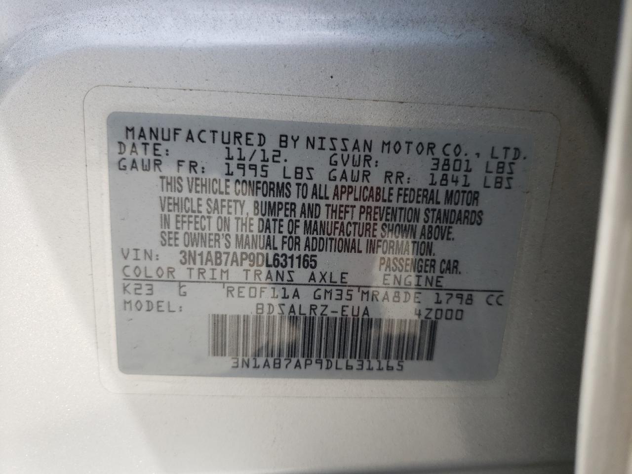 Photo 10 from auction – 2013 NISSAN SENTRA S with VIN 3N1AB7AP9DL631165