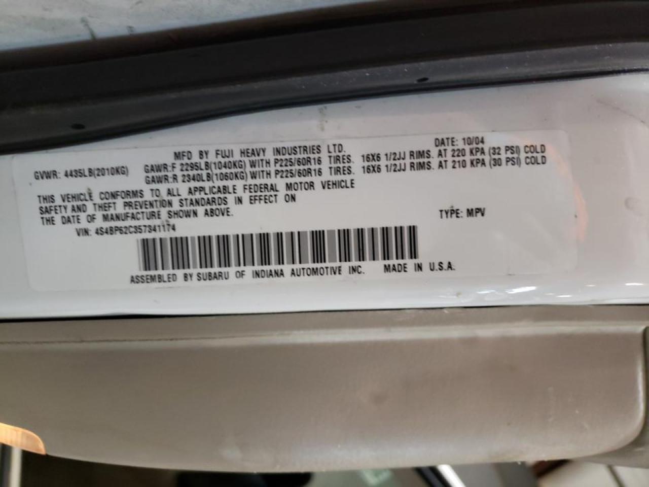Photo 10 from auction – 2005 SUBARU LEGACY OUT with VIN 4S4BP62C357341174