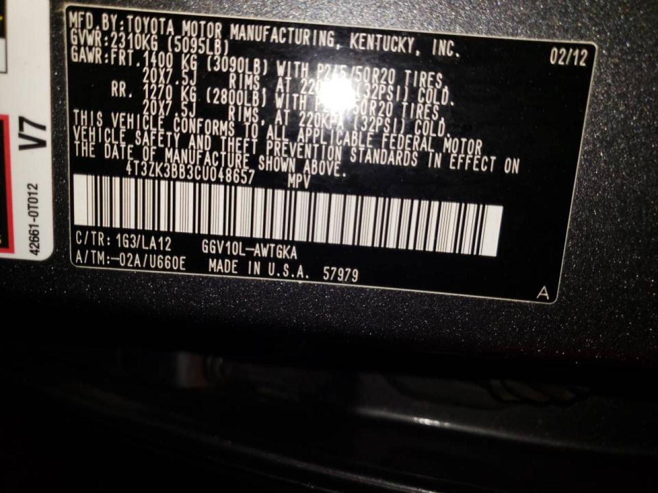 Photo 10 from auction – 2012 TOYOTA VENZA LE with VIN 4T3ZK3BB3CU048657