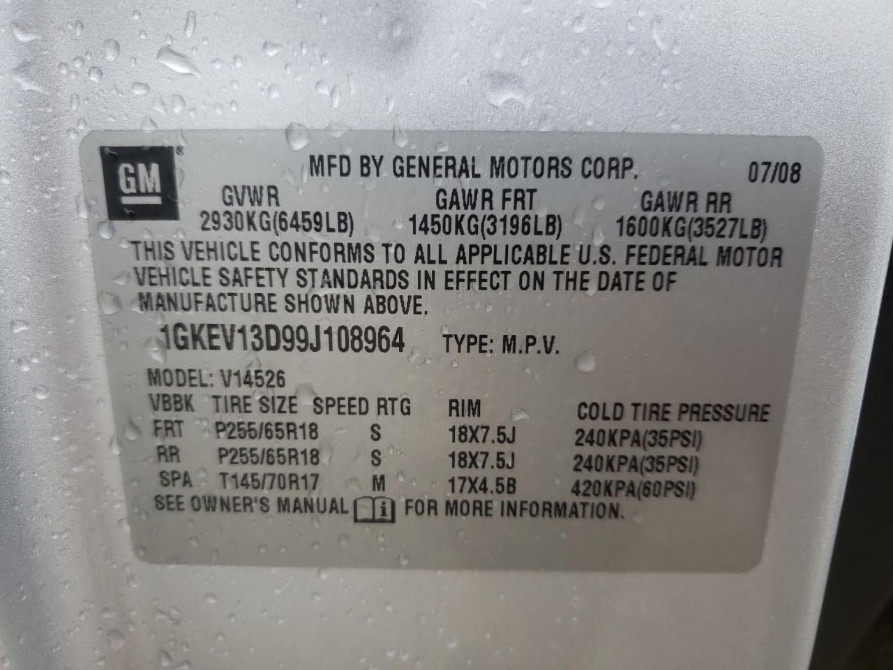 Photo 10 from auction – 2009 GMC ACADIA SLE with VIN 1GKEV13D99J108964