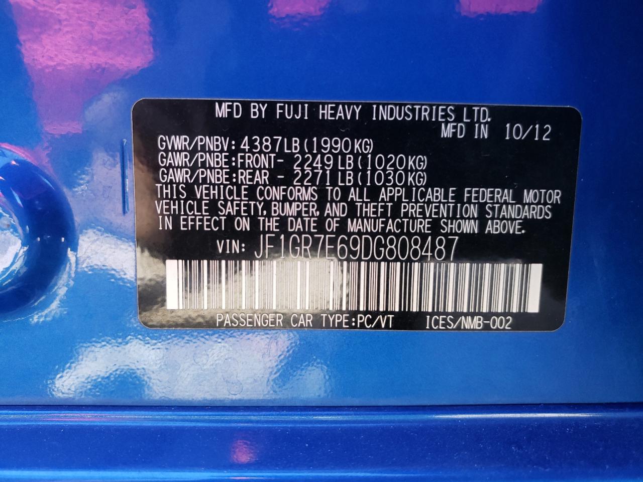 Photo 10 from auction – 2013 SUBARU IMPREZA WR with VIN JF1GR7E69DG808487