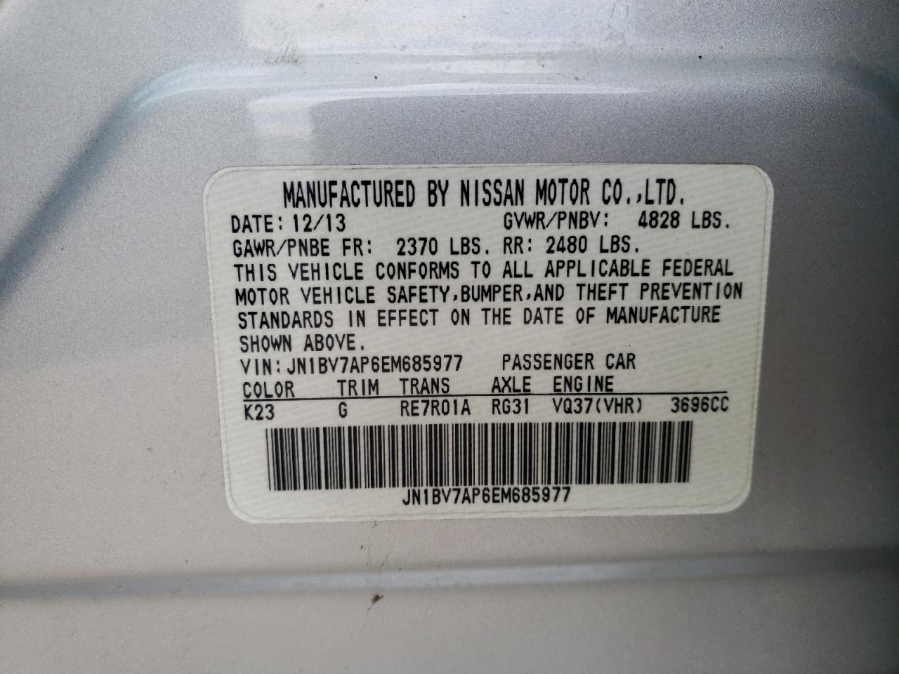 Photo 10 from auction – 2014 INFINITI Q50 BASE with VIN JN1BV7AP6EM685977