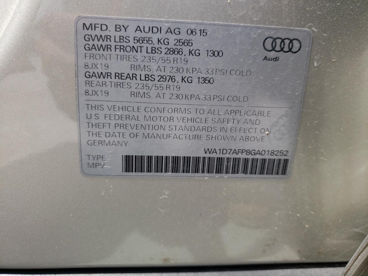 Photo 10 from auction – 2016 AUDI Q5 PREMIUM with VIN WA1D7AFP8GA018252