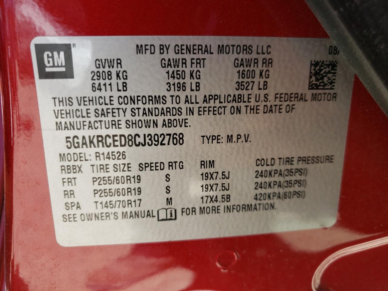 Photo 10 from auction – 2012 BUICK ENCLAVE with VIN 5GAKRCED8CJ392768