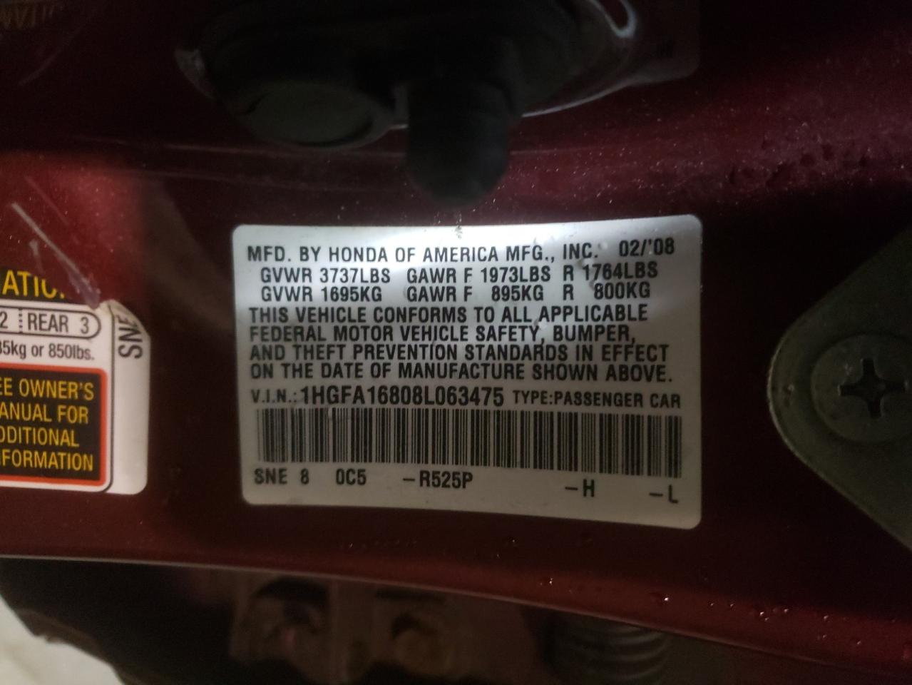 Photo 10 from auction – 2008 HONDA CIVIC EX with VIN 1HGFA16808L063475