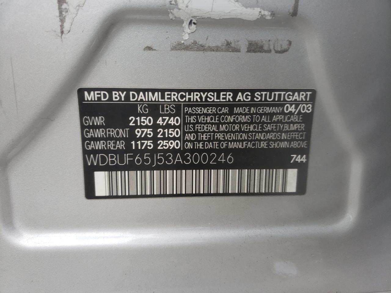Photo 10 from auction – 2003 MERCEDES-BENZ E 320 with VIN WDBUF65J53A300246