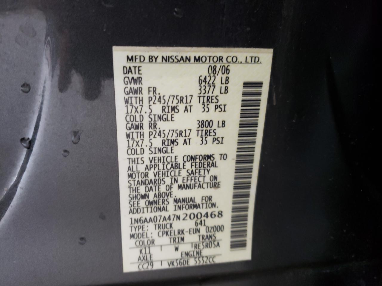 Photo 10 from auction – 2007 NISSAN TITAN XE with VIN 1N6AA07A47N200468